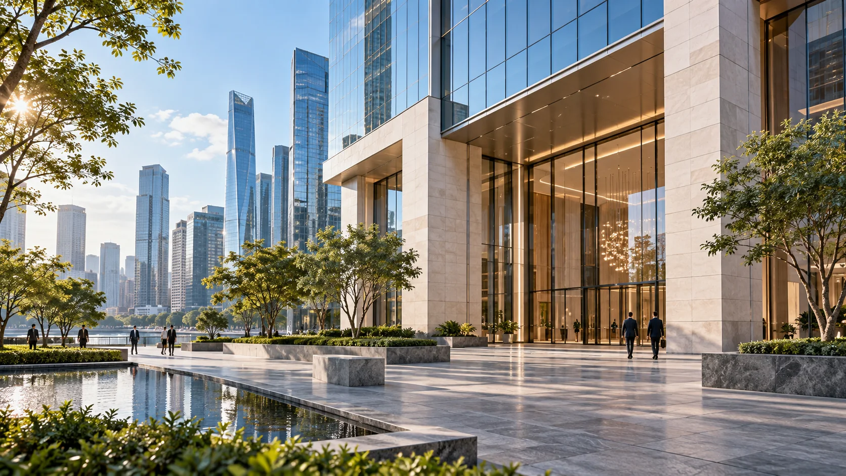 Contemporary commercial architecture in a landscaped city setting
