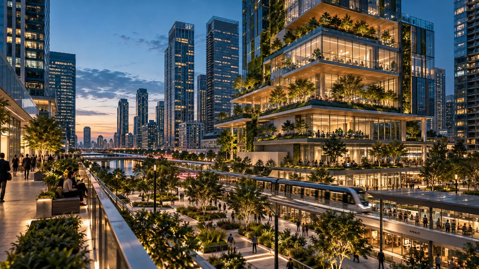 Connected commercial district with smart buildings and transit at blue hour