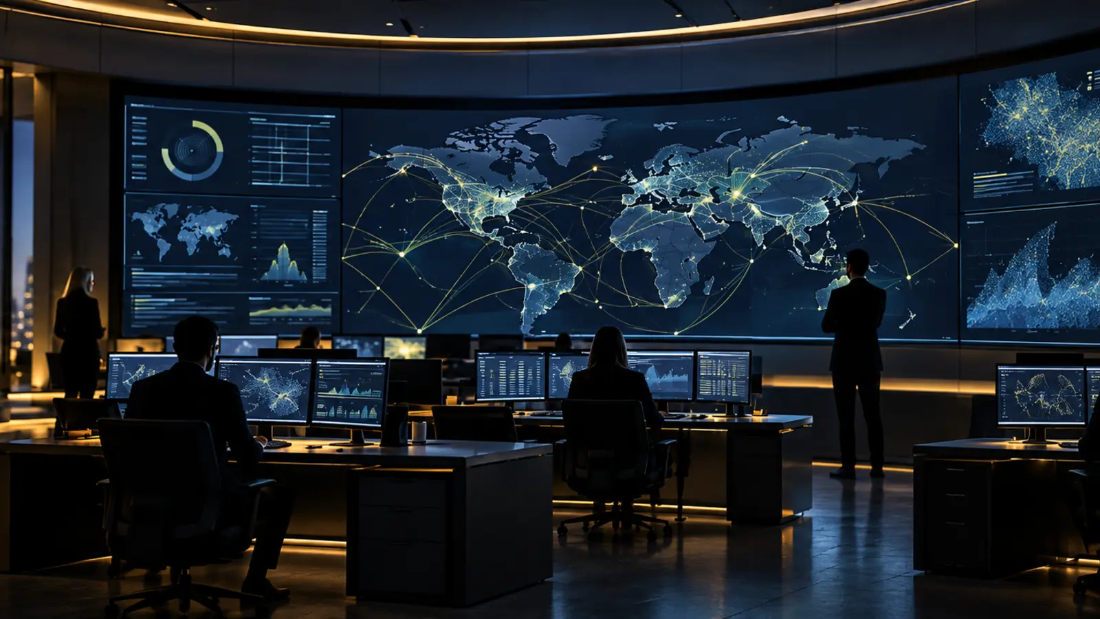 Security specialists monitoring an abstract global network in an operations centre