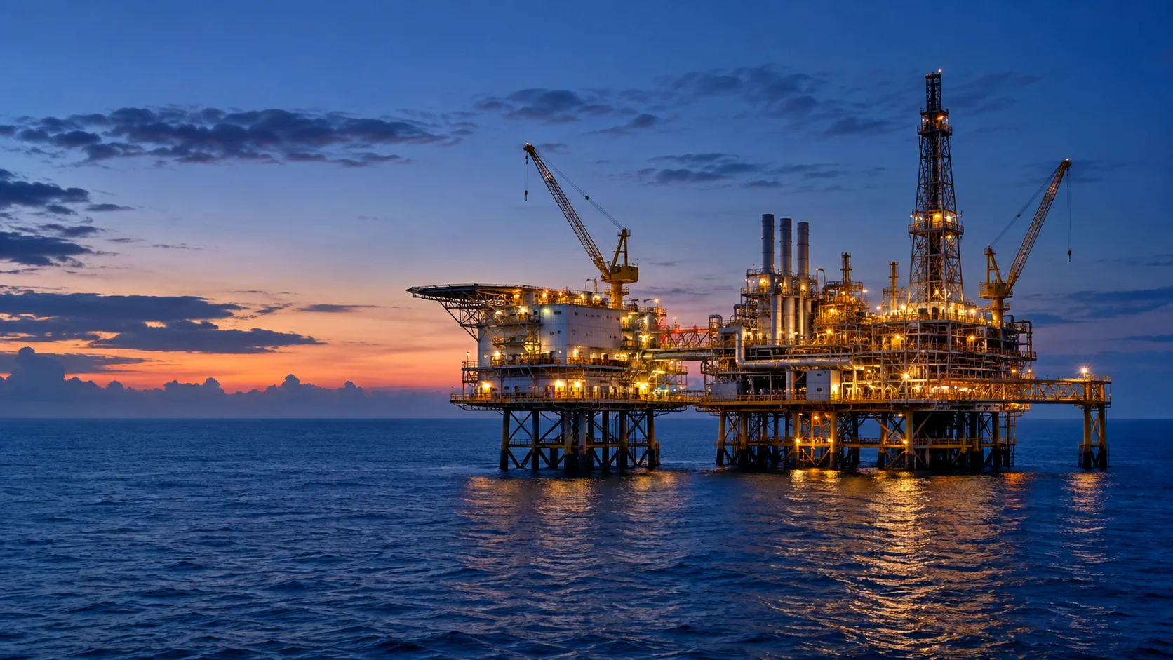 Offshore energy platform standing over calm water at blue hour
