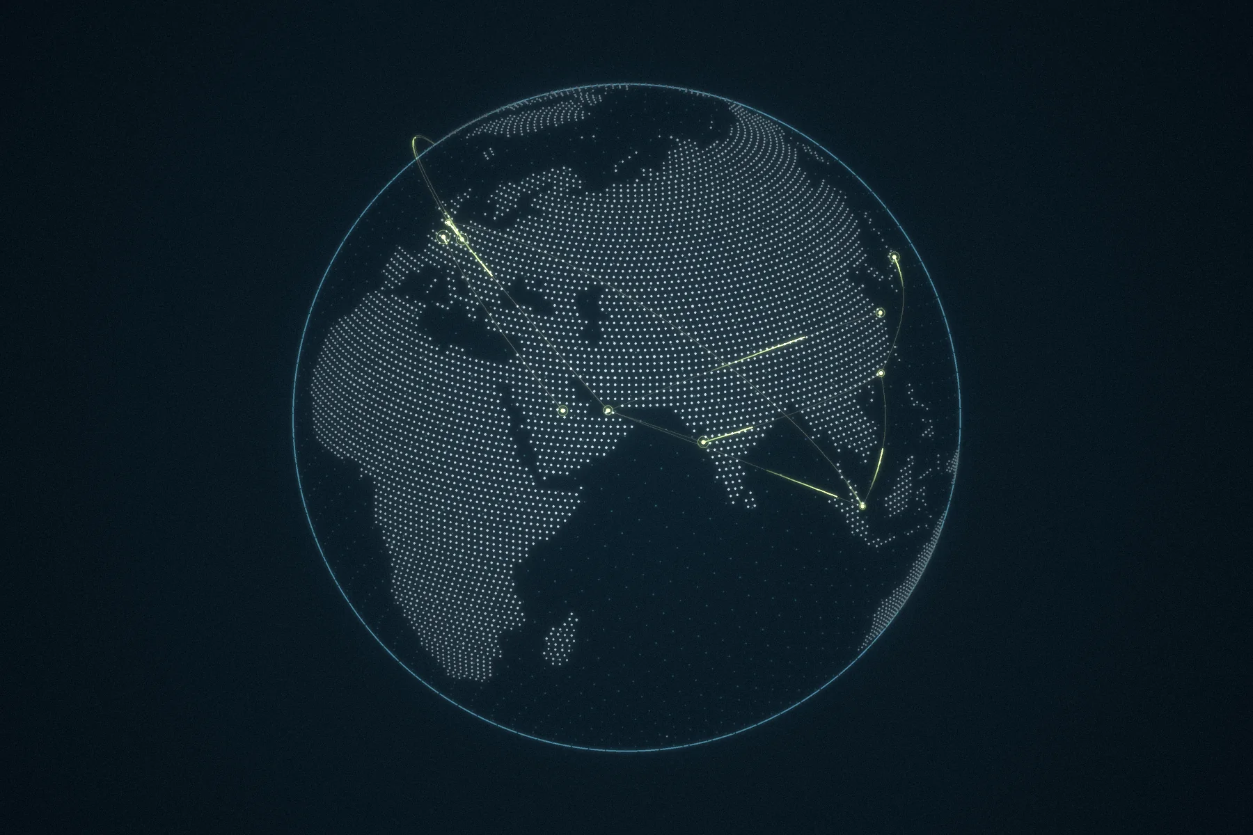Dotted digital globe with glowing trade routes linking Europe, the Middle East and Asia