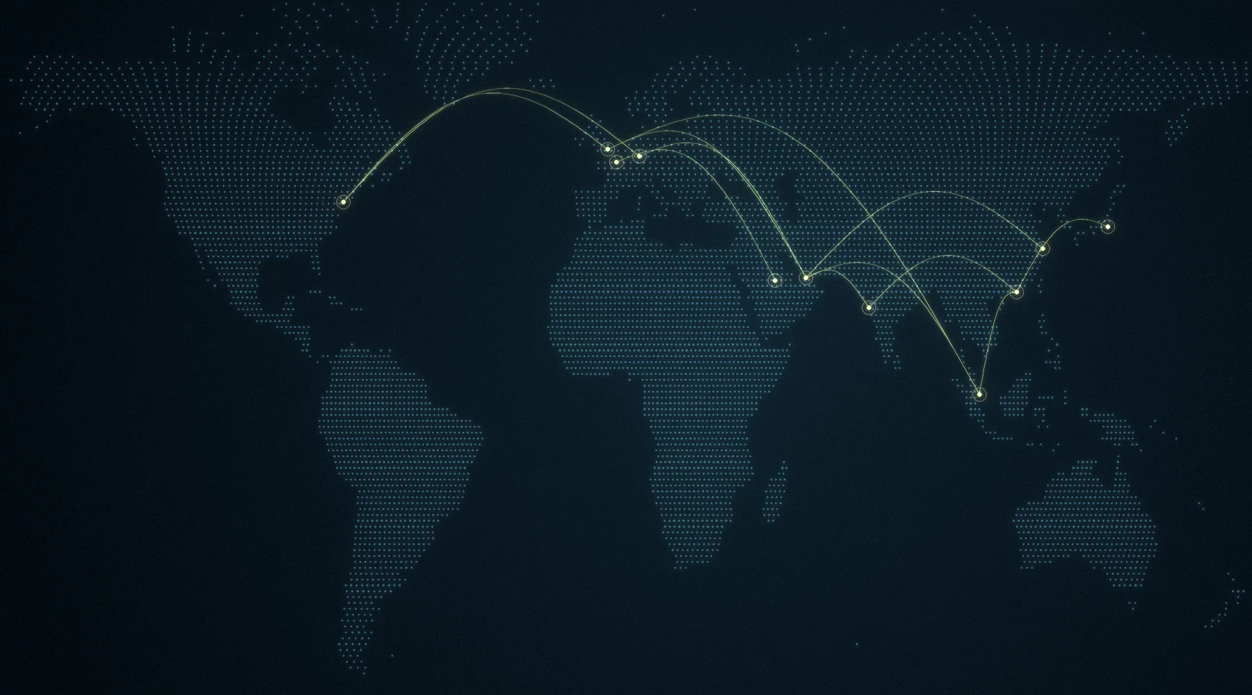 Dotted world map with arcs between London, Frankfurt, Dubai, Mumbai, Singapore, Hong Kong and Tokyo