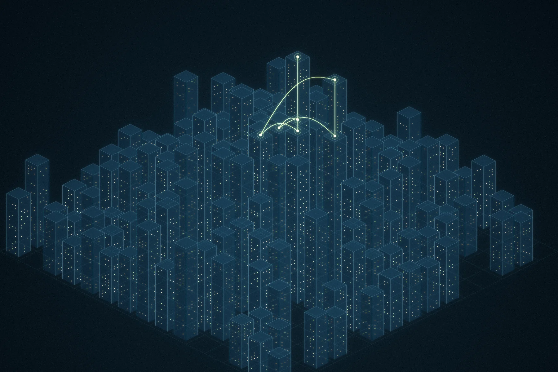 Isometric smart city of lit towers with connection arcs between the tallest buildings
