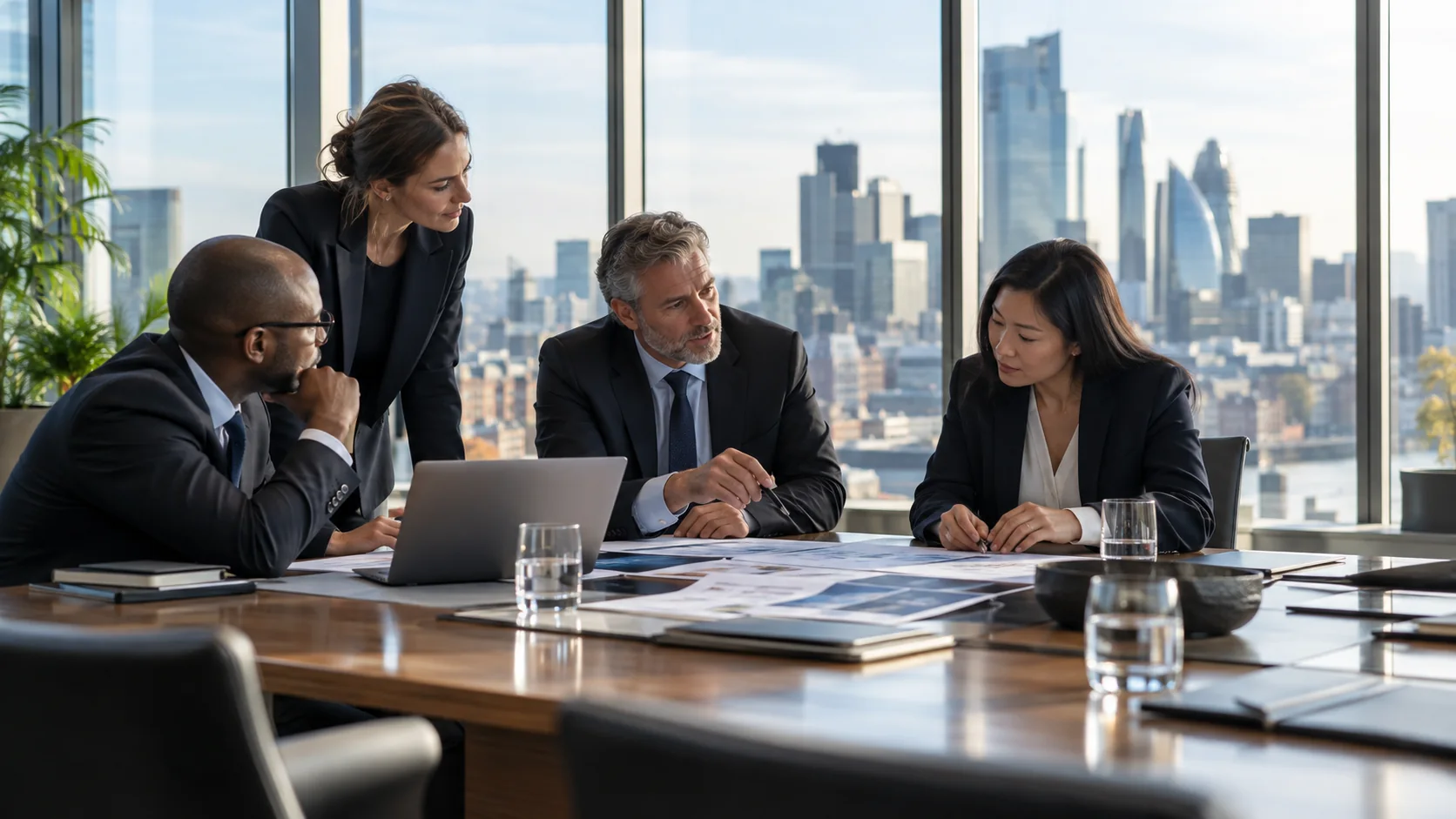Corporate professionals collaborating in a modern office