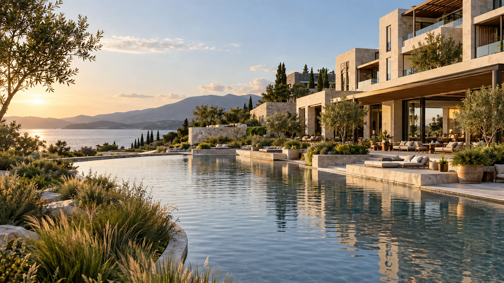 Contemporary international hotel architecture beside landscaped water