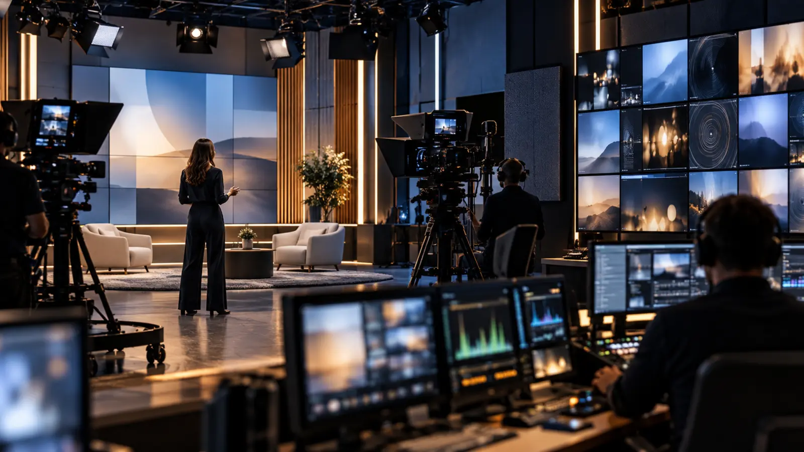 Contemporary production studio with cameras and a digital control wall