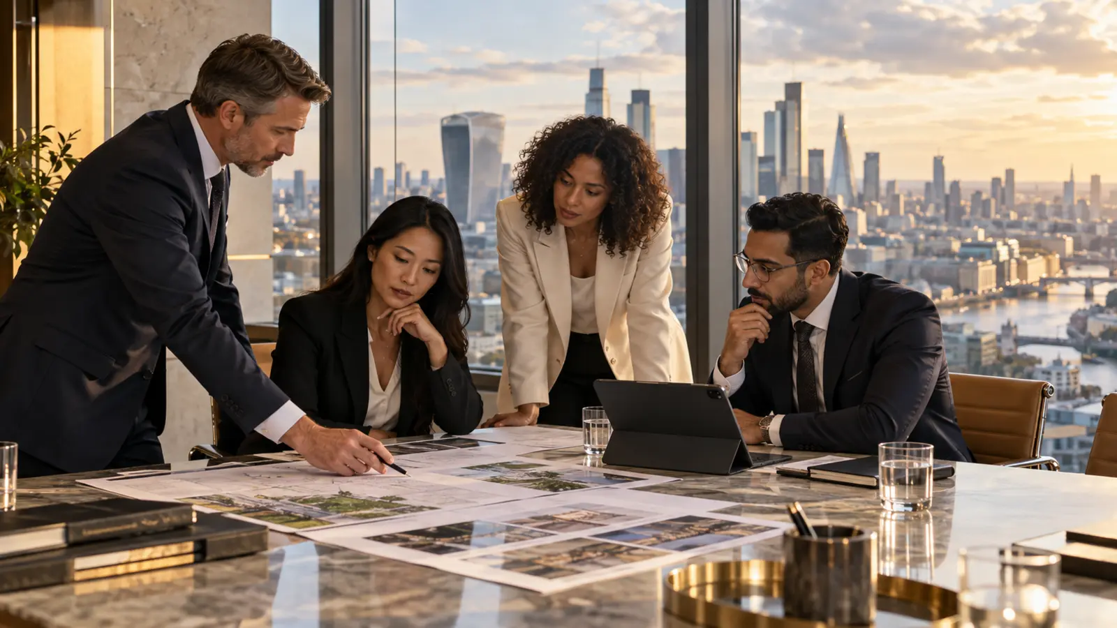 Advisory team discussing commercial plans in an international boardroom