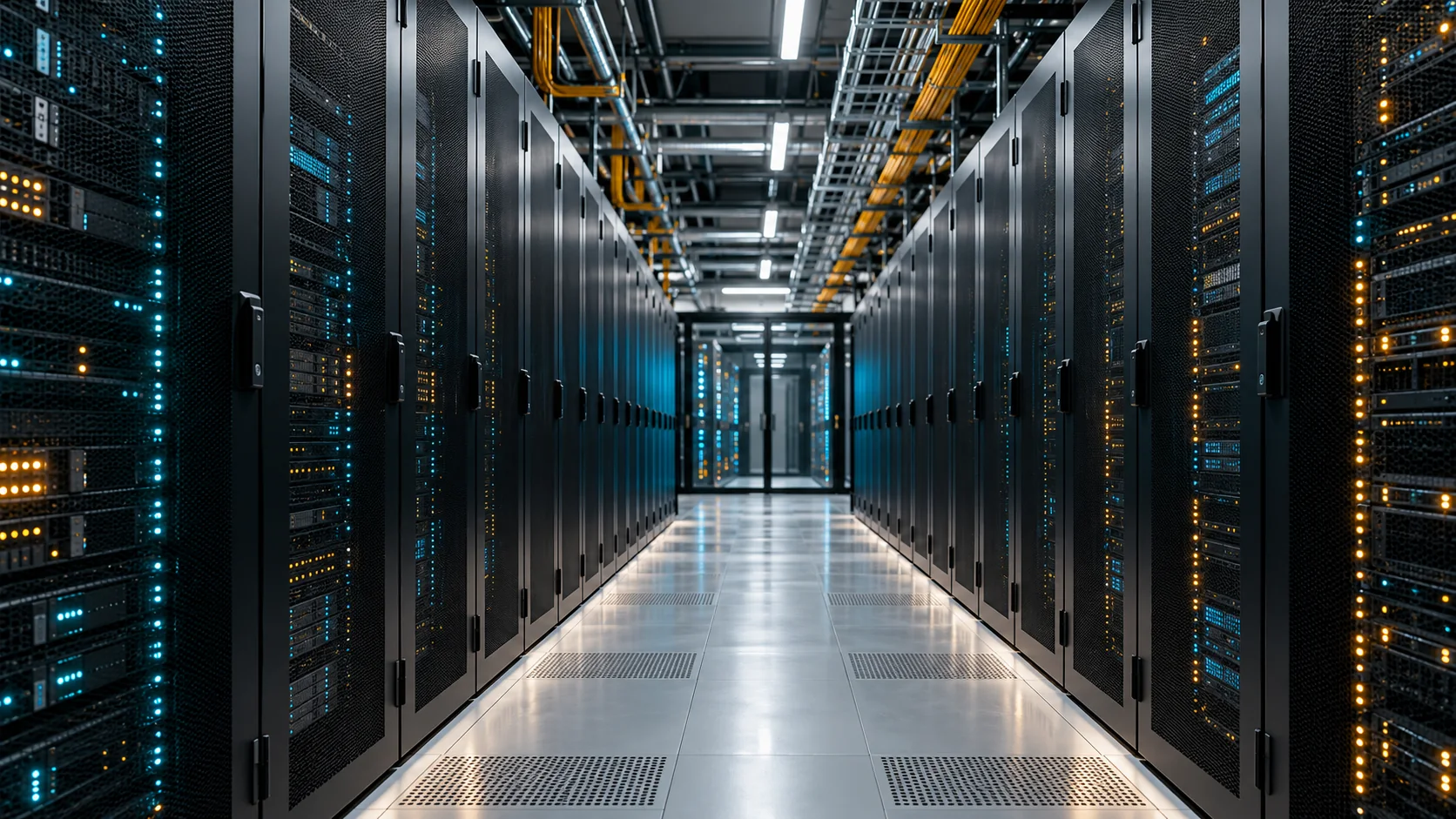 Clean data-center corridor representing managed digital infrastructure